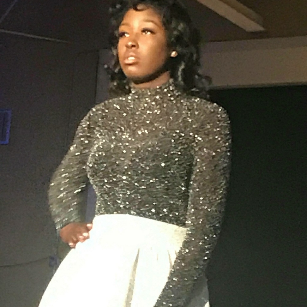 Star diamond bodysuit and white skater skirt